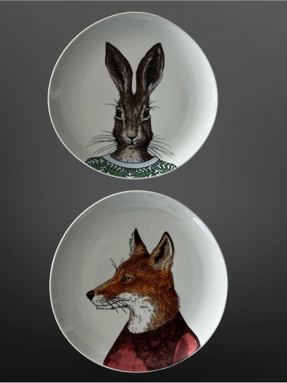 Set of 2 West Elm Rachel Kozlowski Dapper Animal Plates Fox & Hare Rabbit 8.5”